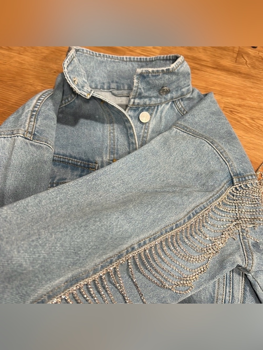 FREE PEOPLE Rhinestone Fringe COMET Denim Bomber Jacket - Picture 12 of 16